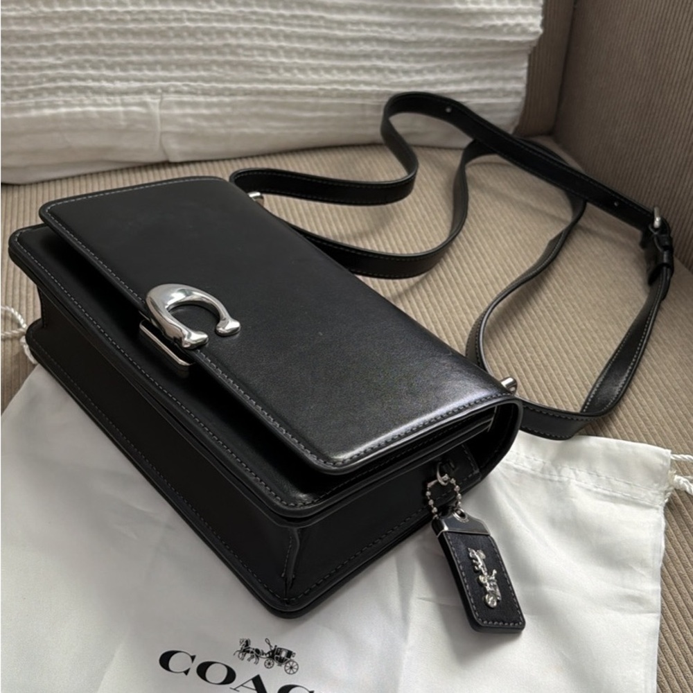 Coach Black Leather Messenger Bag with Silver Hardware